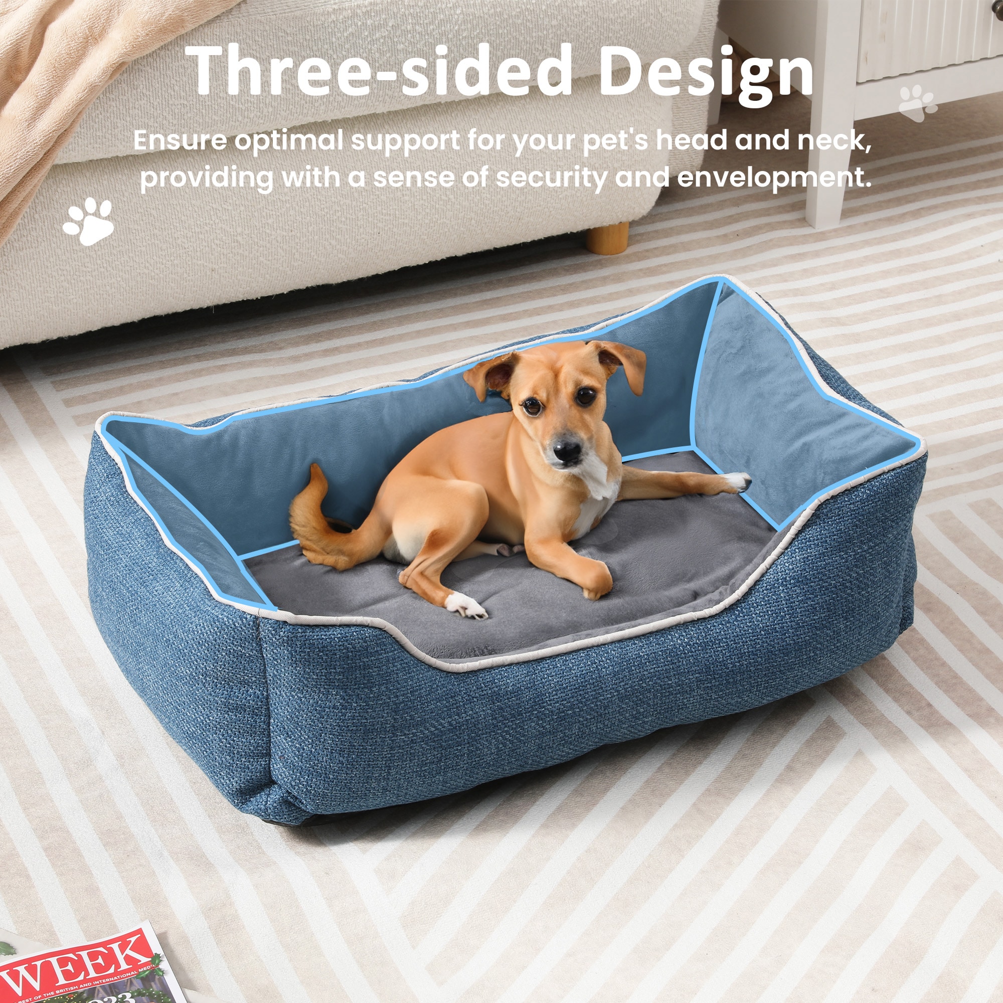 Small Dog Bed Plush Anti-slip Cat Bed Washable Cover Blue_voghion.com